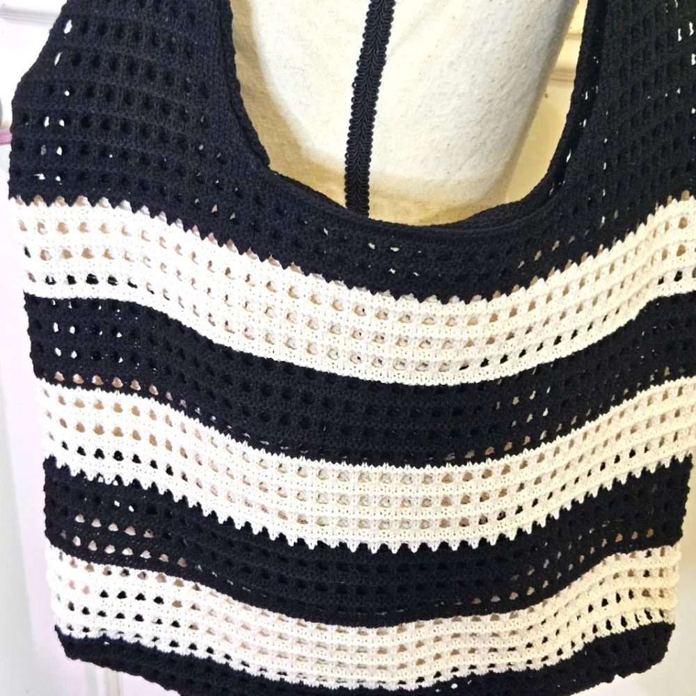 Hobo Black/Cream Stripe Crochet Knit Bohemian Tote Handbag,Large,NWOT